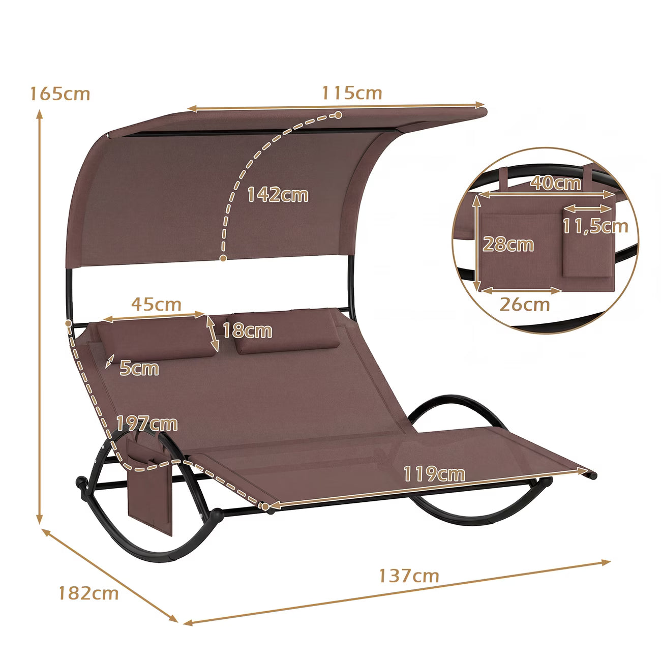 Chaise longue double à bascule avec auvent