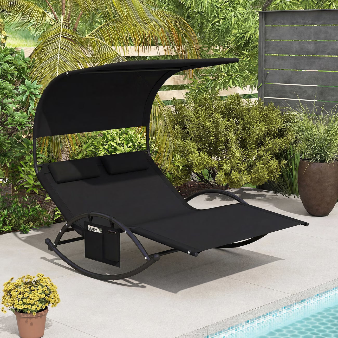 Chaise longue double à bascule avec auvent