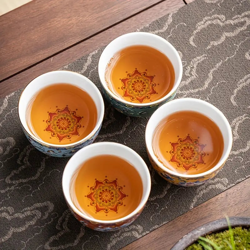 Ensemble de 4 Tasses à Thé Chinoises Classiques en Céramique Émaillée