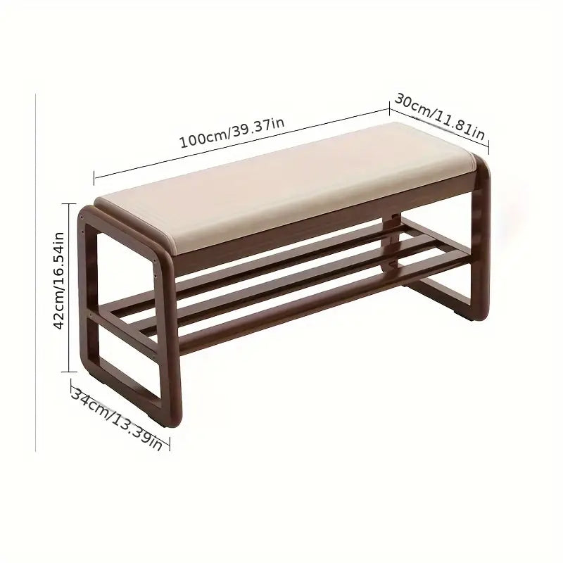 Banquette d'Entrée en Bois Massif de Style Vintage avec Pouf en Similicuir