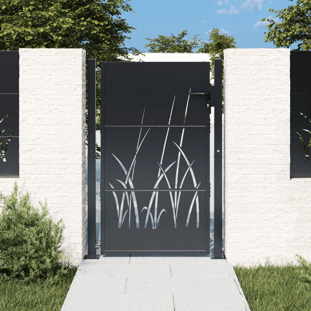 Portail de jardin anthracite en acier galvanisé – Motif d’herbe découpé au laser