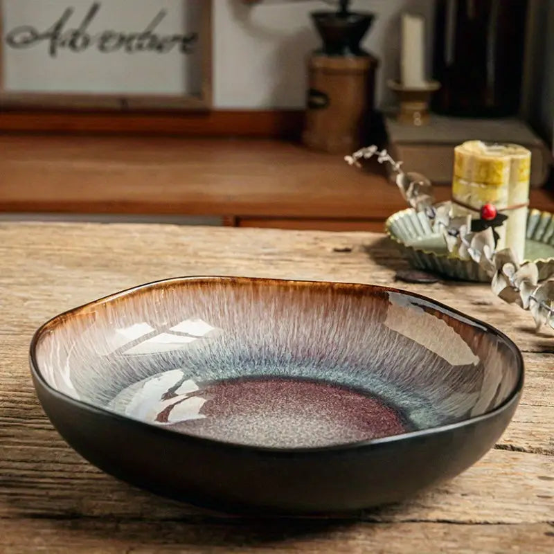 Assiette Profonde Yunmeng – 9 Pouces | Design Rétro en Porcelaine Tachetée