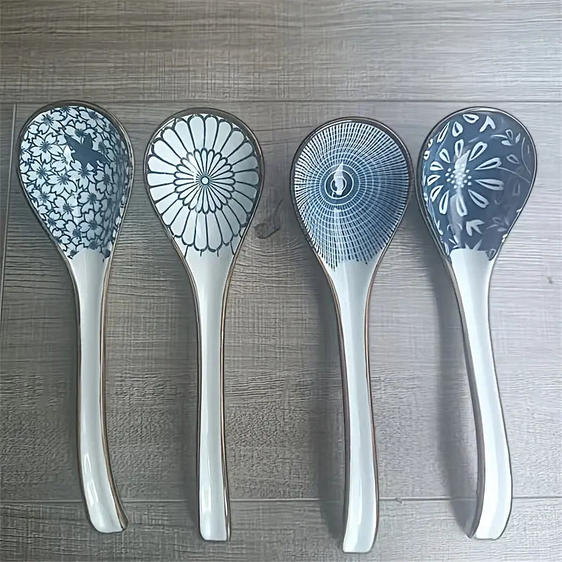 Lot de 4 Cuillères Asiatiques en Céramique – Manche Long Antidérapant