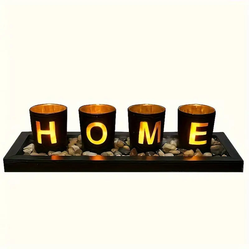 Decorative Candle Holder Set - Wooden Tray with Glass Candle Holder, Creative Design with Letters