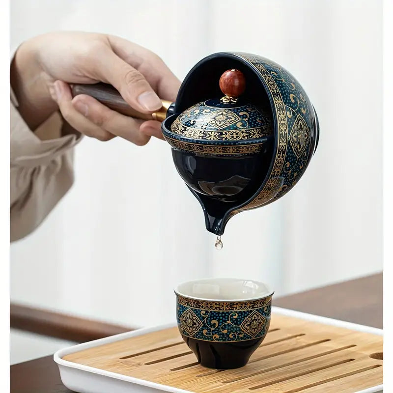 Ensemble de Service à Thé Rétro Rotatif 360° – Portable et Créatif