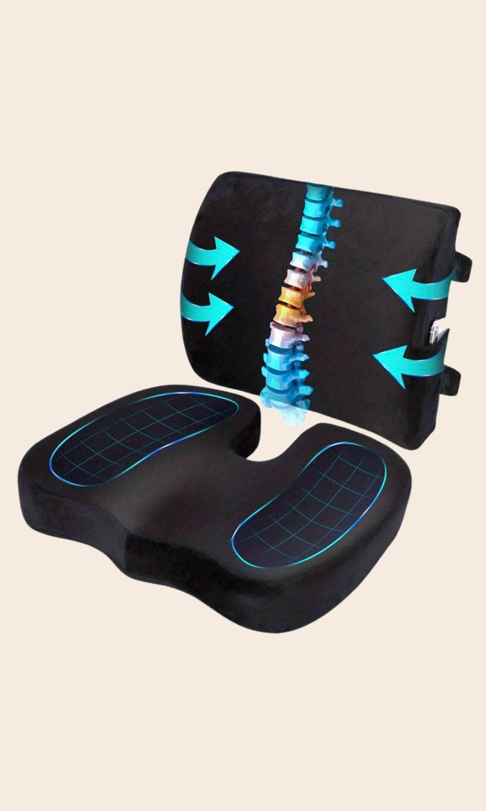 Coussin d’assise coccyx et coussin de soutien lombaire