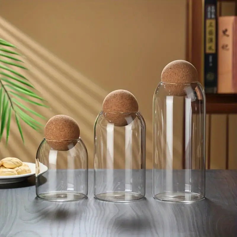 Lot de 3 Pots de Rangement en Verre avec Couvercles en Liège