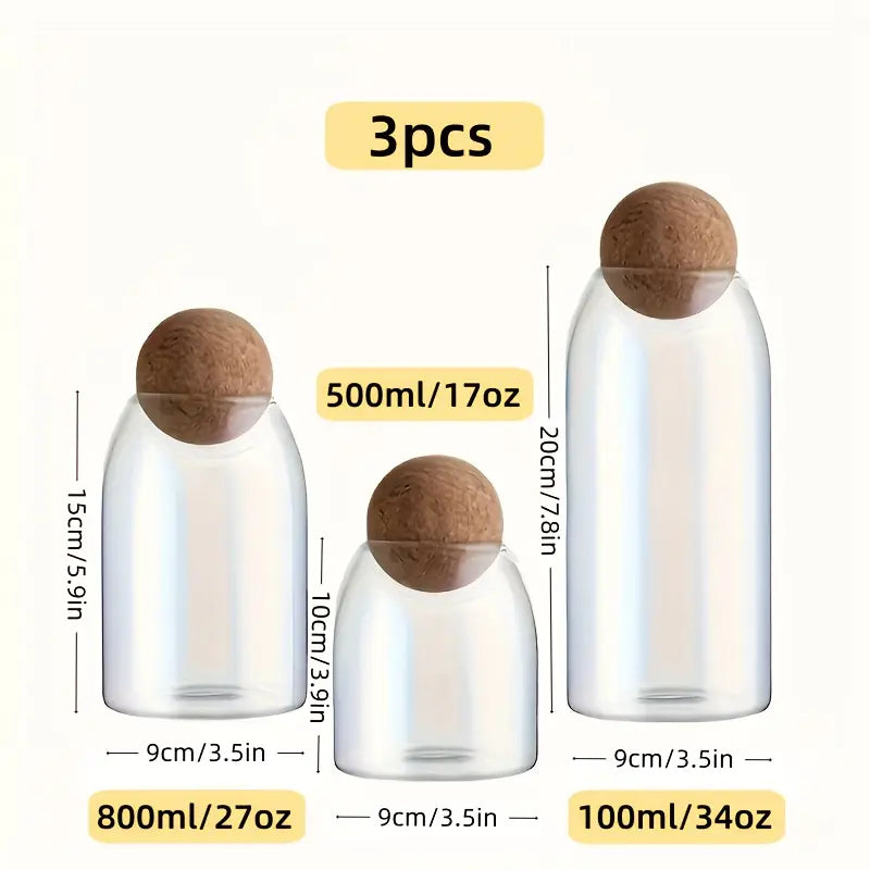 Lot de 3 Pots de Rangement en Verre avec Couvercles en Liège