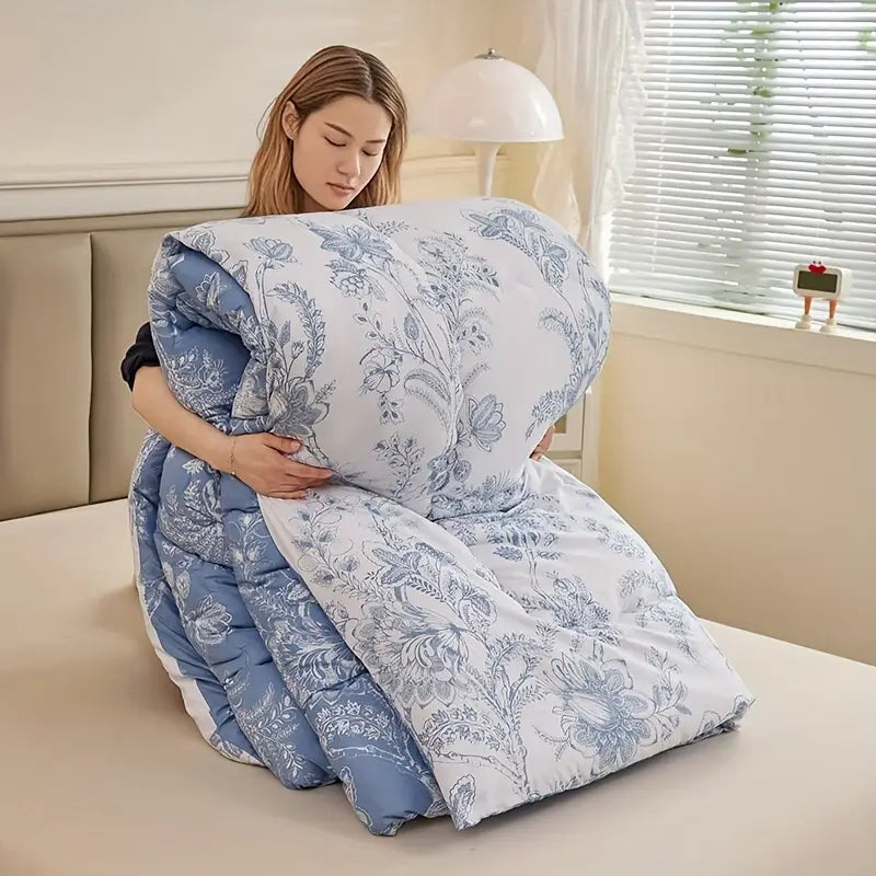 Couverture Réversible Toutes Saisons – Motif Floral Bleu & Blanc