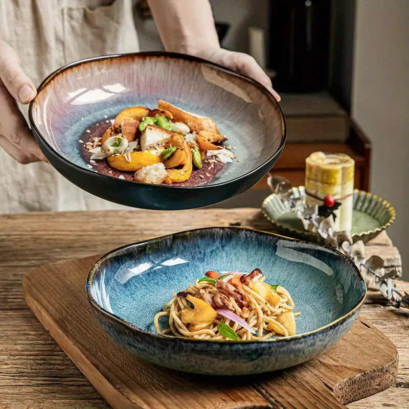 Assiette Profonde Yunmeng – 9 Pouces | Design Rétro en Porcelaine Tachetée