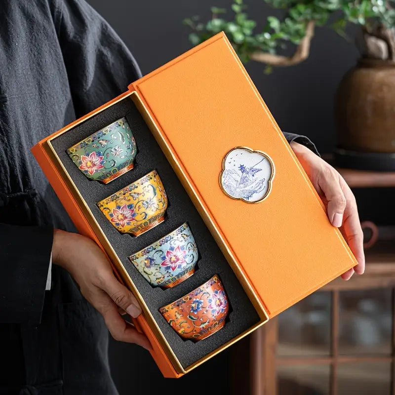 Ensemble de 4 Tasses à Thé Chinoises Classiques en Céramique Émaillée