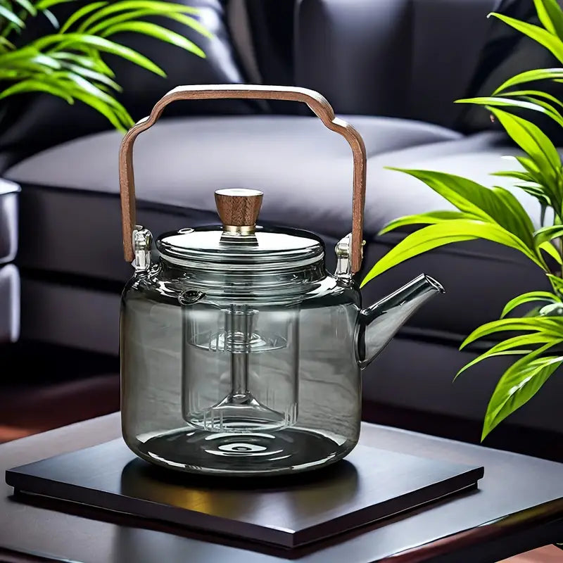 Modern Glass Teapot with Wooden Handle - 600 ml