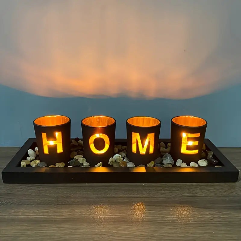 Ensemble de Bougeoirs Décoratifs - Plateau en Bois avec Porte-Bougies en Verre, Design Créatif avec Lettres