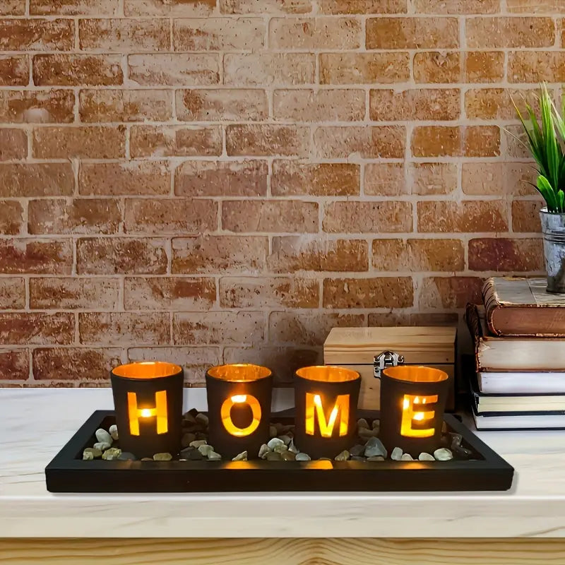 Decorative Candle Holder Set - Wooden Tray with Glass Candle Holder, Creative Design with Letters