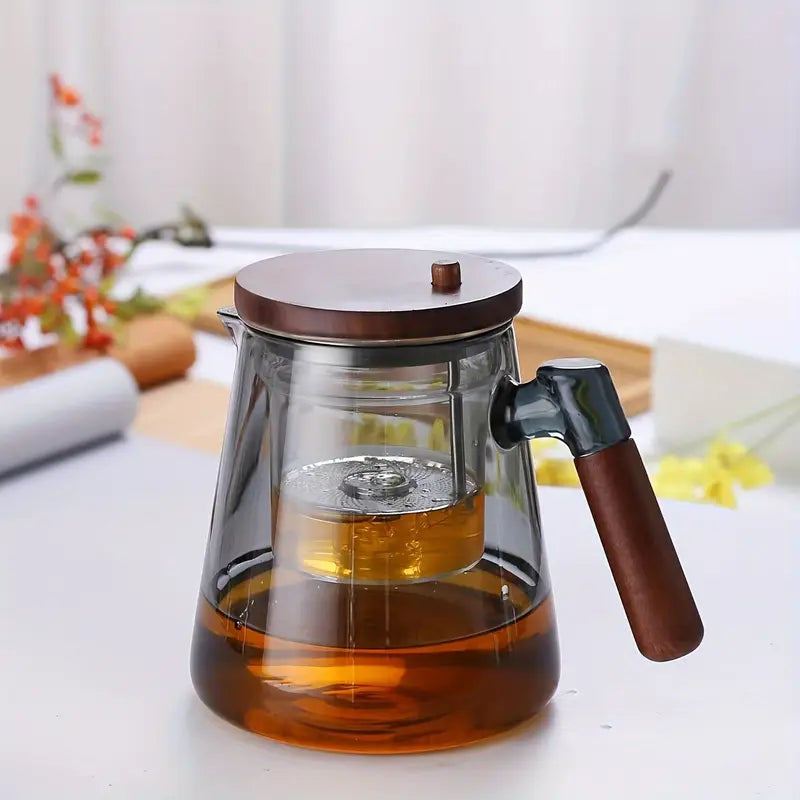 Théière en Verre Borosilicate avec Poignée en Noyer – Élégance dans Chaque Infusion