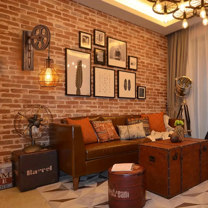 Lot de 2 Appliques Murales Industrielles Vintage – Design Roue en Métal & Bois