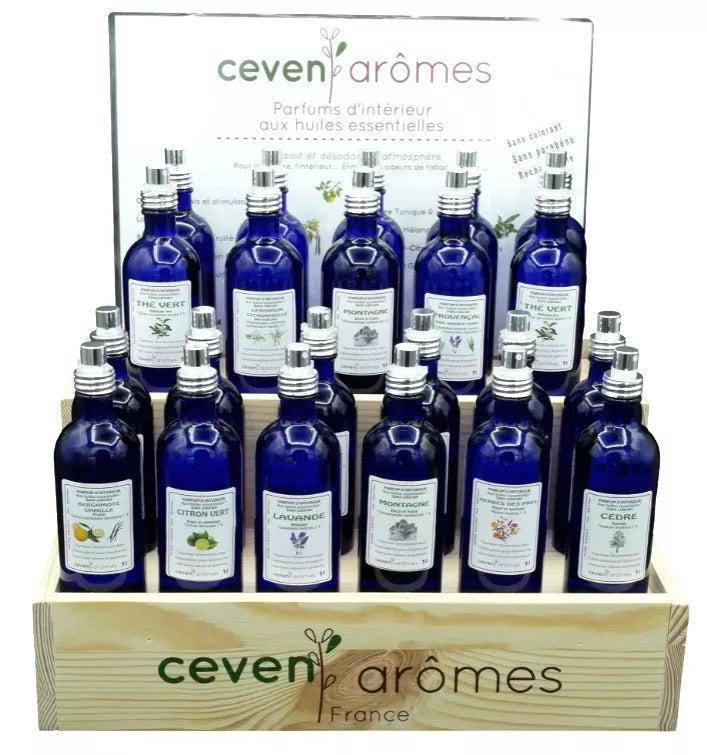 Présentoir Pack 45 vaporisateurs parfums d'intérieur 100 ml - Verre bleu – Céven’Arômes