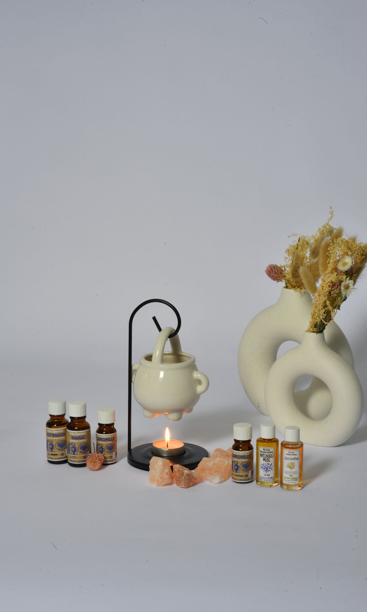 Coffret aromathérapie relaxante : huiles essentielles + concentrés de parfums aux plantes + pierres d'aromatherapie