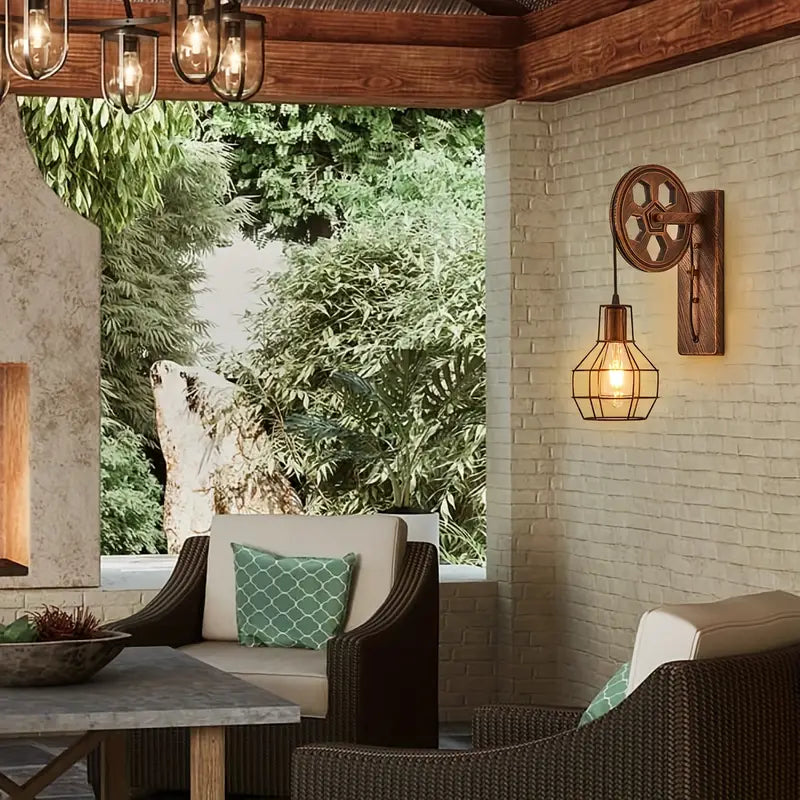 Lot de 2 Appliques Murales Industrielles Vintage – Design Roue en Métal & Bois