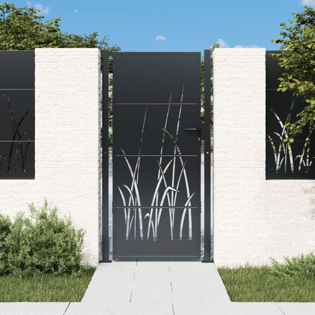 Portail de jardin anthracite en acier galvanisé – Motif d’herbe découpé au laser