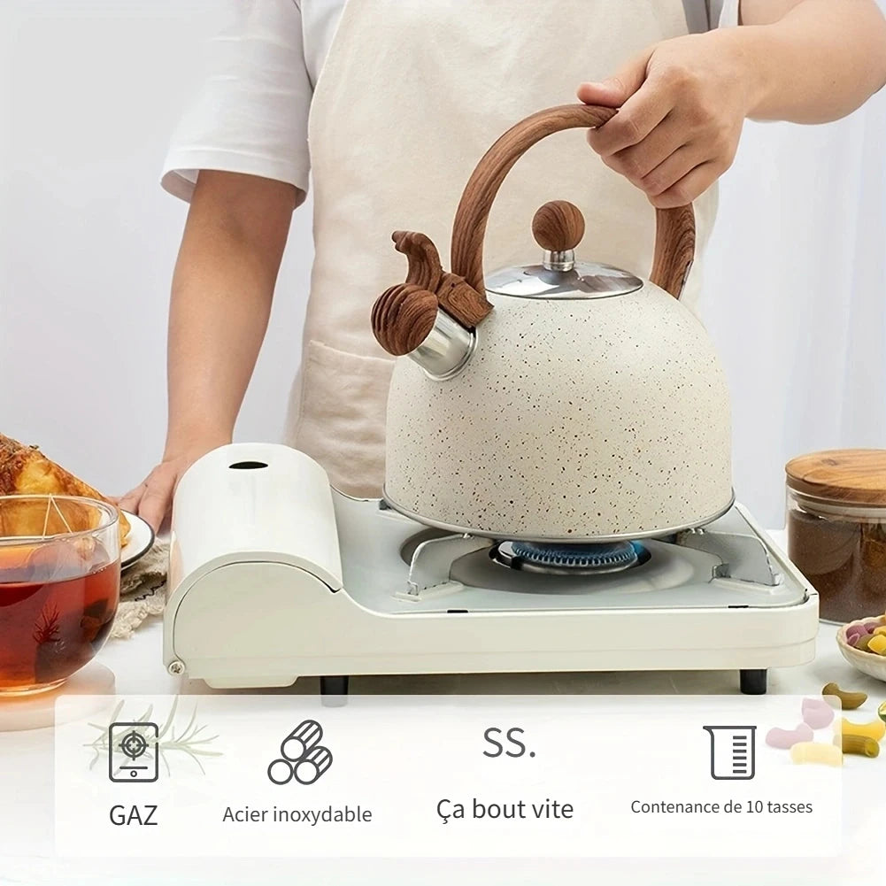 Bouilloire à Thé en Acier Inoxydable – Finition Pierre Naturelle & Poignée Effet Bois