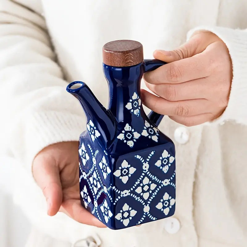 Distributeur d’Huile en Céramique Bleue & Blanche