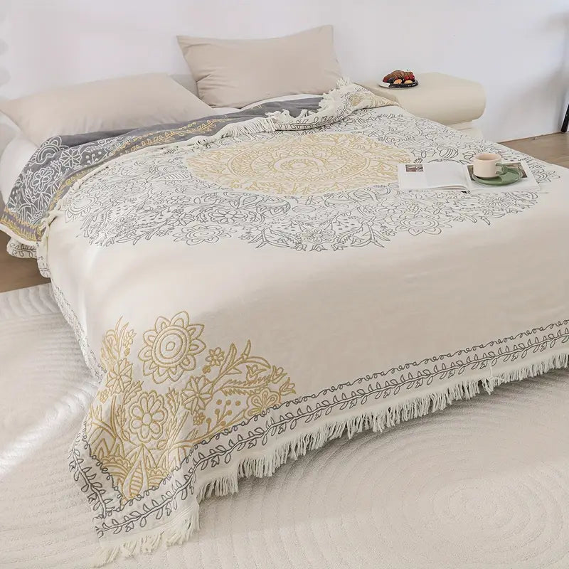 Housse de Canapé en Coton Pur à Franges | Jeté Polyvalent Toutes Saisons