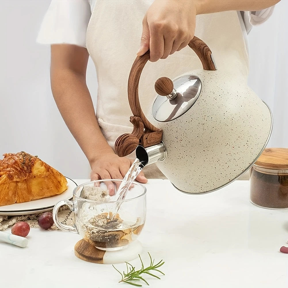 Bouilloire à Thé en Acier Inoxydable – Finition Pierre Naturelle & Poignée Effet Bois