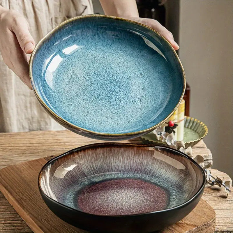 Assiette Profonde Yunmeng – 9 Pouces | Design Rétro en Porcelaine Tachetée