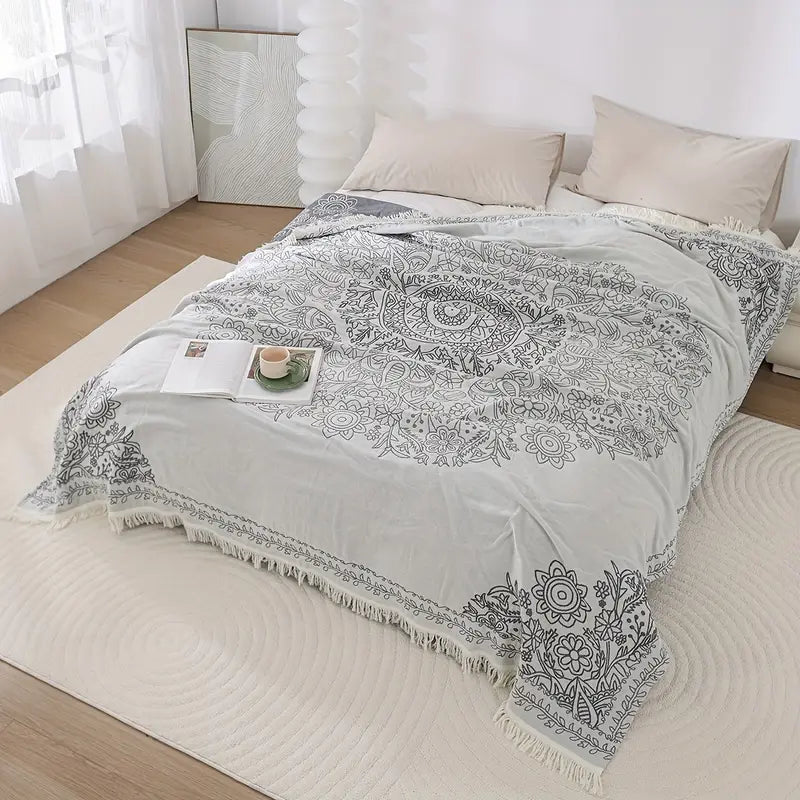 Housse de Canapé en Coton Pur à Franges | Jeté Polyvalent Toutes Saisons