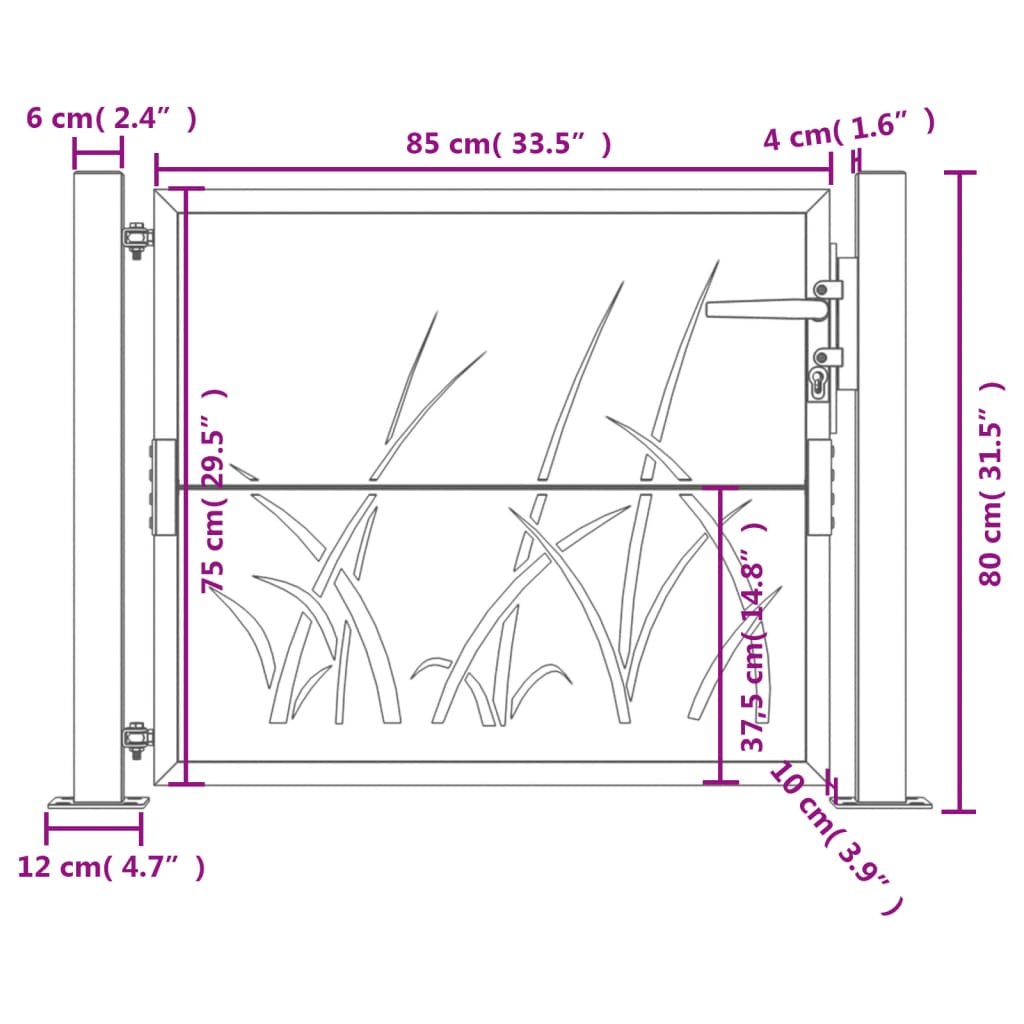 Portail de jardin anthracite en acier galvanisé – Motif d’herbe découpé au laser