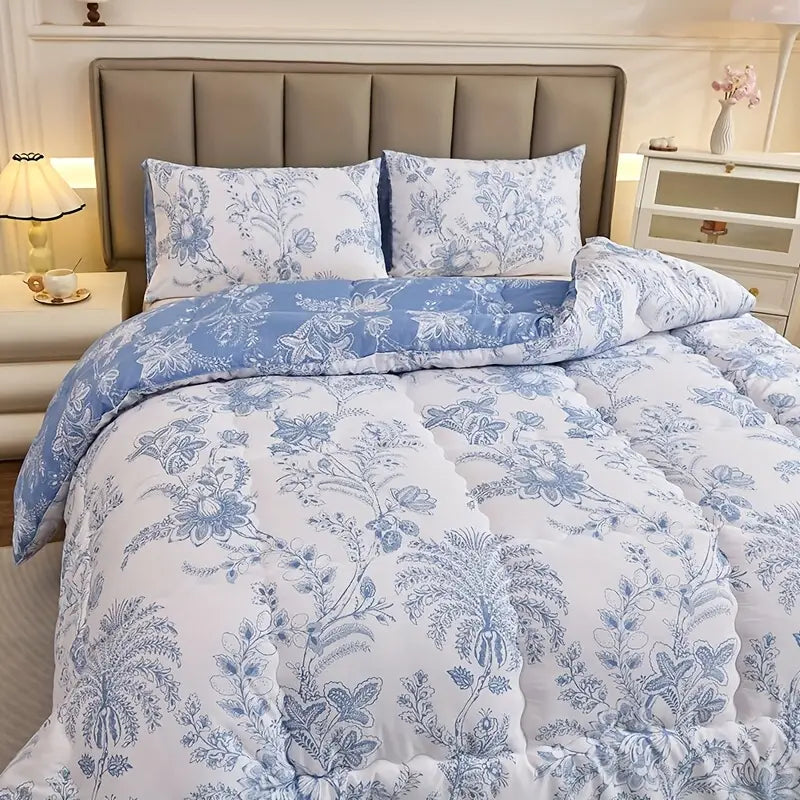 Couverture Réversible Toutes Saisons – Motif Floral Bleu & Blanc