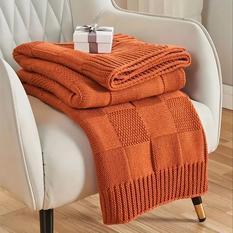 Couverture à Motif Grille Style Nordique – Orange Vibrant & Confort Chic pour Toutes Saisons
