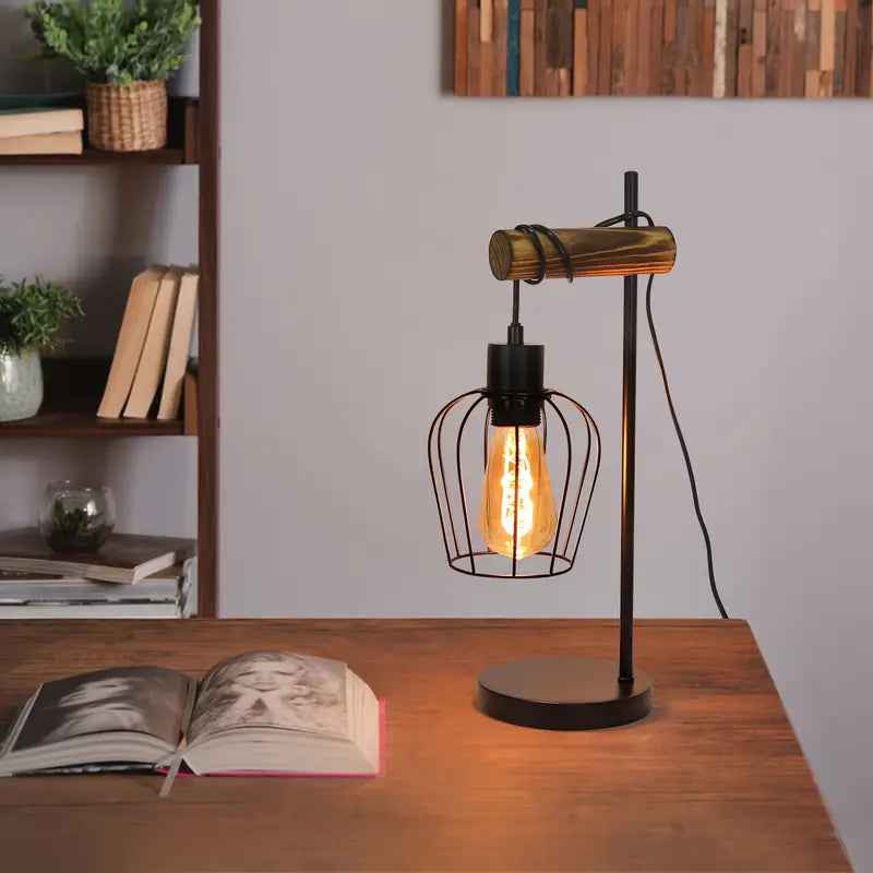 Lampe de Table Industrielle Vintage – Métal & Bois