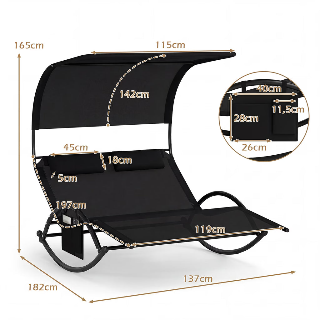 Chaise longue double à bascule avec auvent