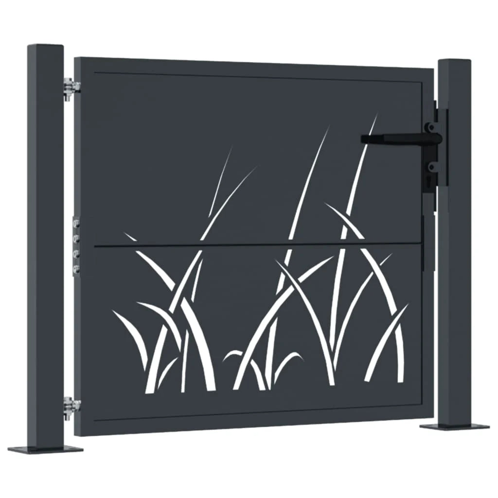 Portail de jardin anthracite en acier galvanisé – Motif d’herbe découpé au laser