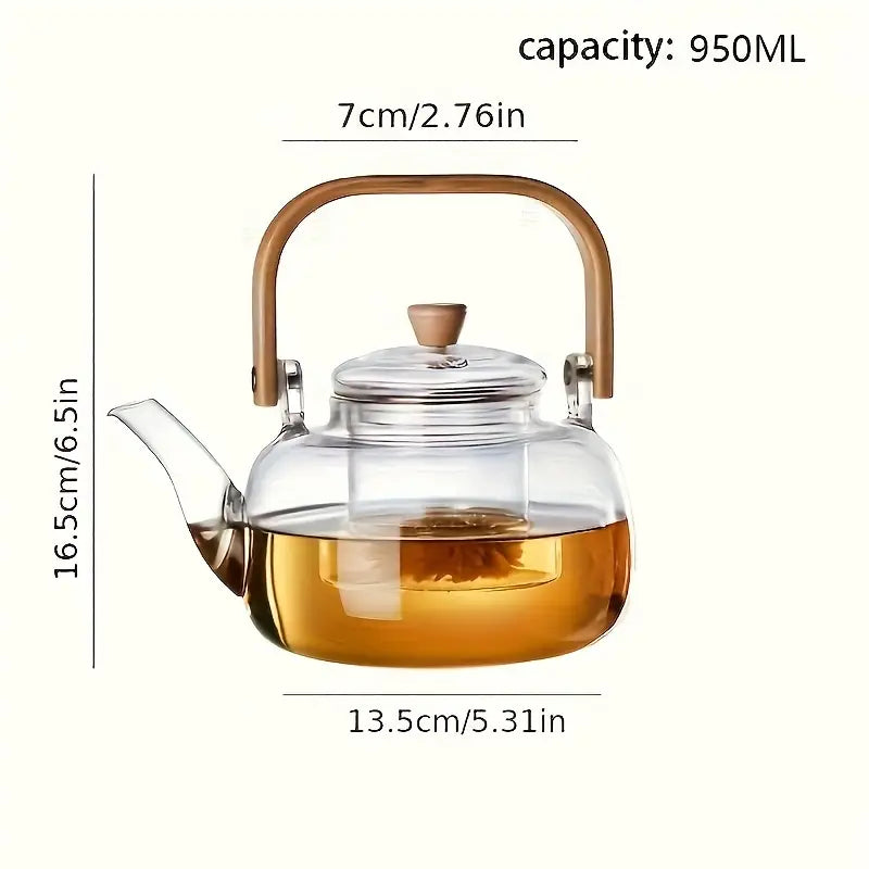 950ML Borosilicate Glass Teapot with Infuser and Bamboo Handle