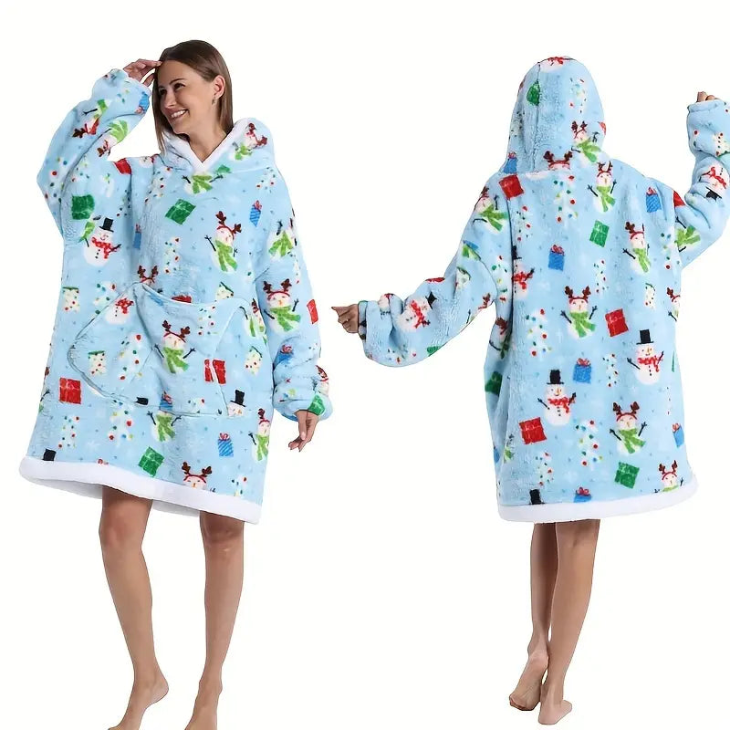 Plaid de Noël Douillet avec Capuche – Motifs Festifs et Hivernaux