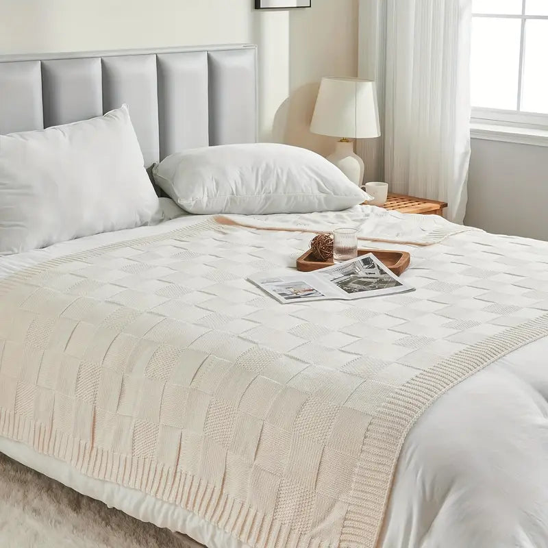 Couverture à Motif Grille Style Nordique – Orange Vibrant & Confort Chic pour Toutes Saisons