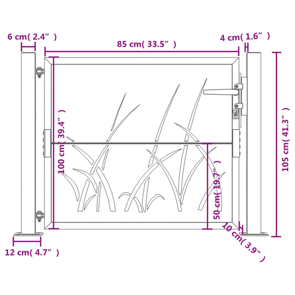Portail de jardin anthracite en acier galvanisé – Motif d’herbe découpé au laser