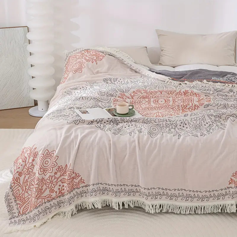 Housse de Canapé en Coton Pur à Franges | Jeté Polyvalent Toutes Saisons