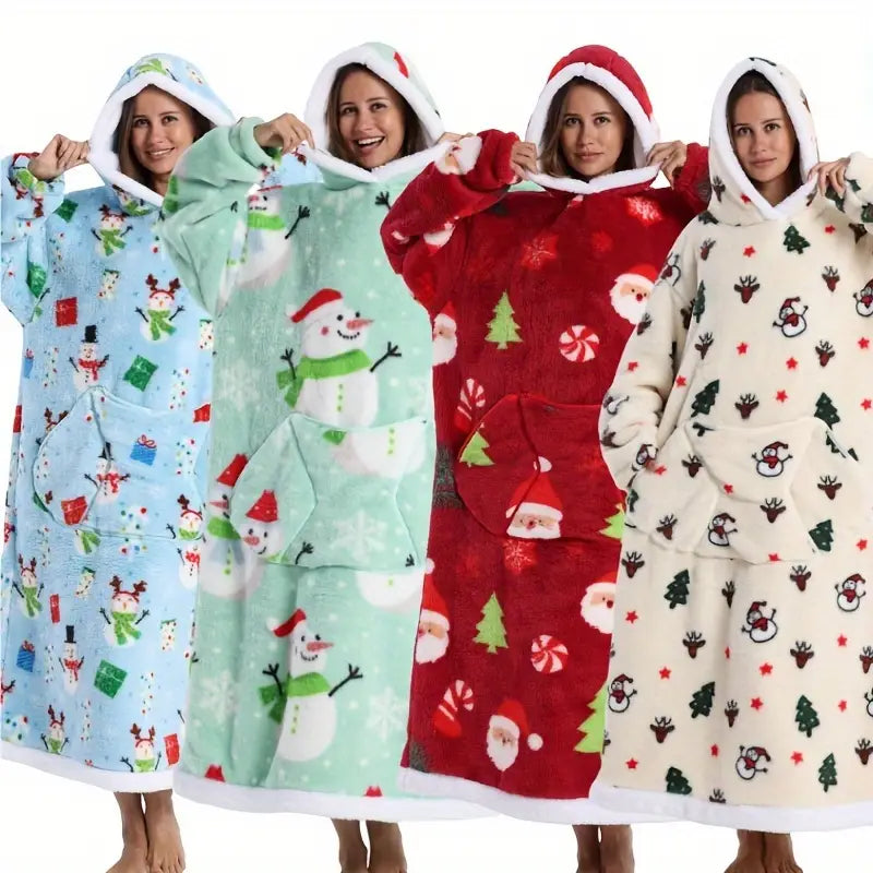 Plaid de Noël Douillet avec Capuche – Motifs Festifs et Hivernaux