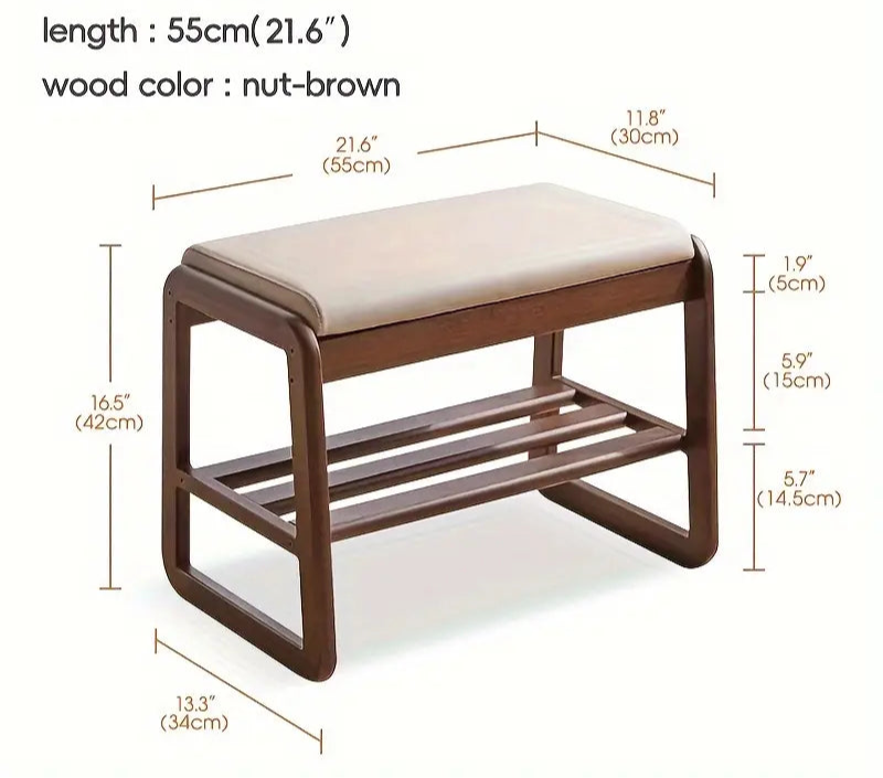 Banquette d'Entrée en Bois Massif de Style Vintage avec Pouf en Similicuir