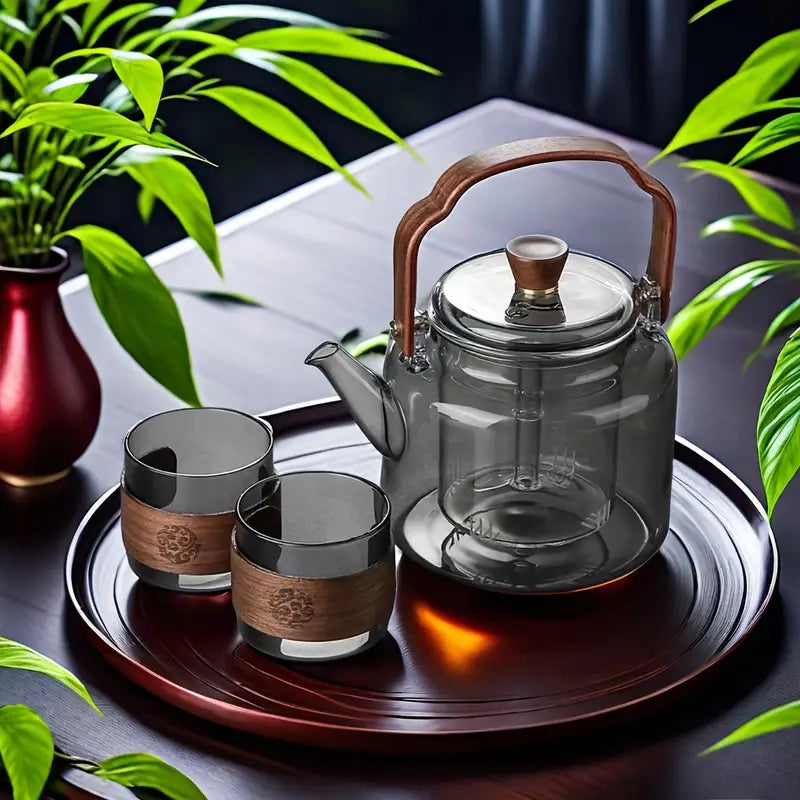 Modern Glass Teapot with Wooden Handle - 600 ml