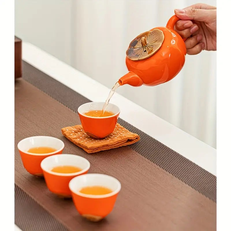 Service à Thé Tout Ruyi en Céramique – Élégance Kaki avec Coffret Cadeau
