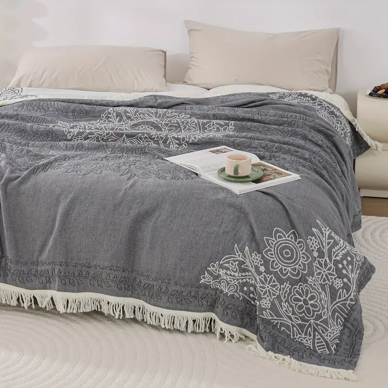 Housse de Canapé en Coton Pur à Franges | Jeté Polyvalent Toutes Saisons