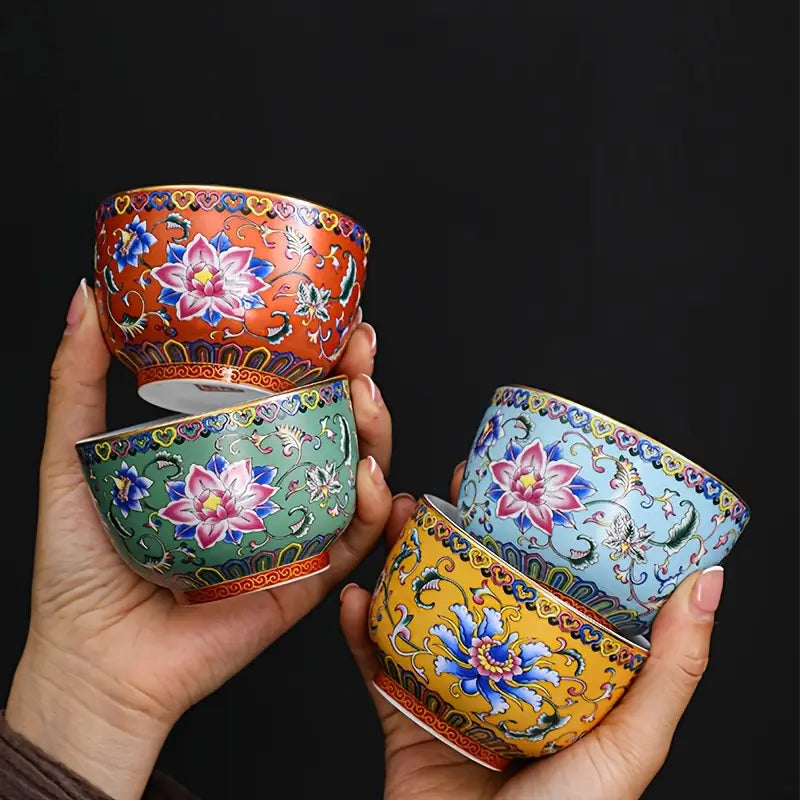 Ensemble de 4 Tasses à Thé Chinoises Classiques en Céramique Émaillée
