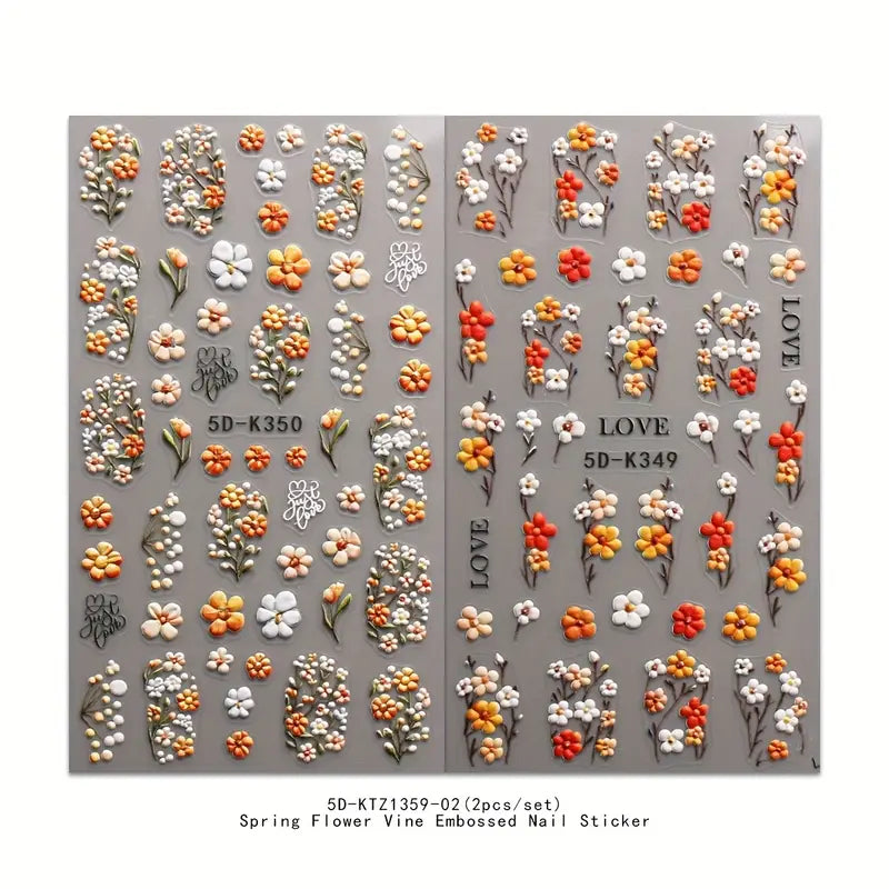 Pinceaux & Stickers d'Ongles 3D – Motifs Vigne Printanière et Estivale