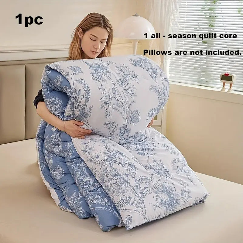 Couverture Réversible Toutes Saisons – Motif Floral Bleu & Blanc