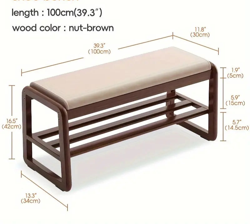 Banquette d'Entrée en Bois Massif de Style Vintage avec Pouf en Similicuir